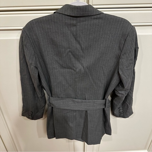 Avec Les Filles Women’s Grey Pinstriped Belted Blazer Jacket Suit Offixe Wear - Picture 7 of 13